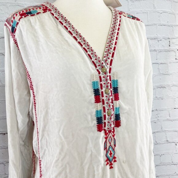 Johnny Was Ybom Aztec Velvet Embroidered Tunic Womens Small White Red Blue - Picture 3 of 9